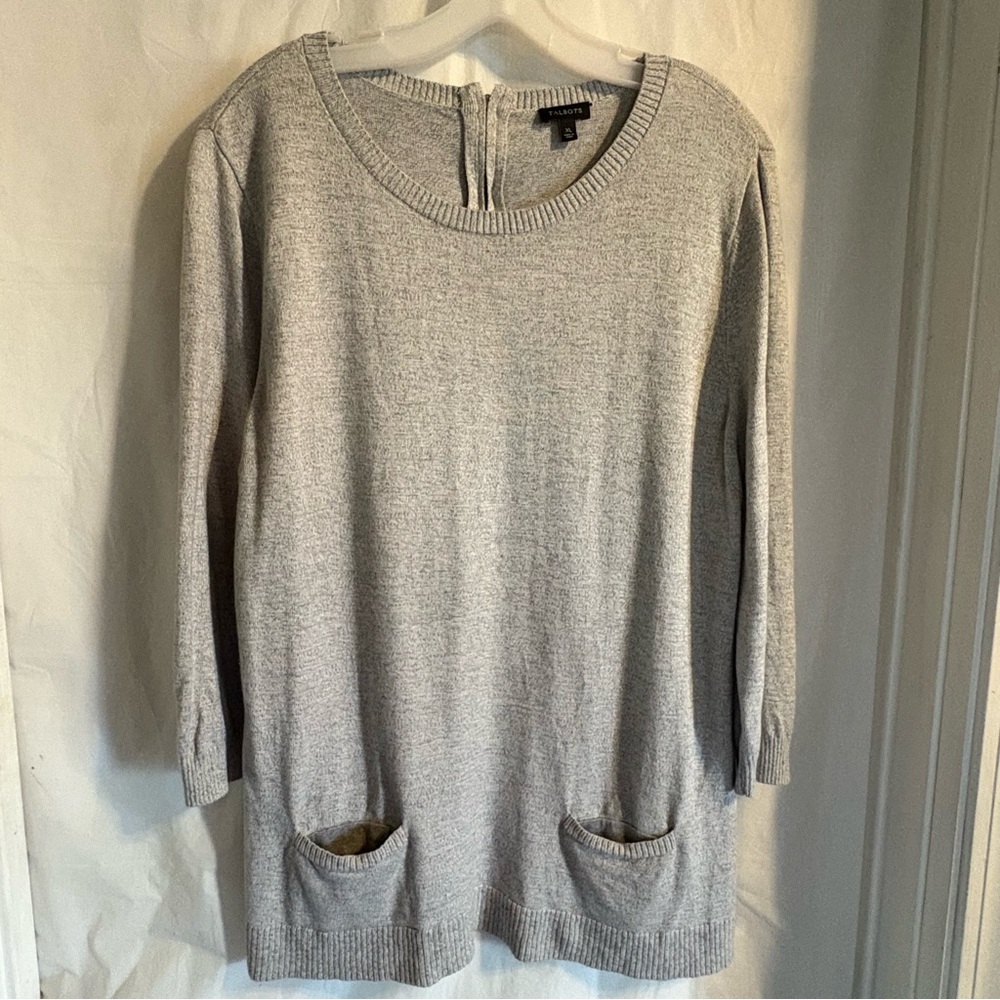 Talbots Womens Sweater XL Solid Gray Tunic Pockets Slits Long Sleeve Top Shirt
